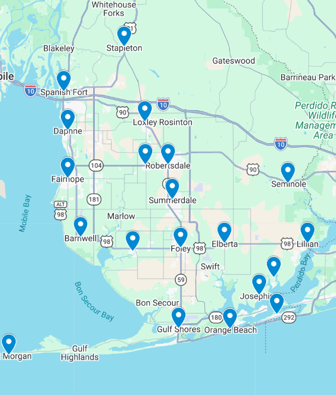 Map of Baldwin County, Alabama showing the service area for AquaFlow Plumbing Solutions.